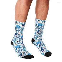 Men's Socks Men's Fsocks Blush Pink White And Blue Elephant Floral Harajuku Men Happy Hip Hop Novelty Casual Crazy For