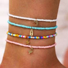 4pcs/set Anklets for Women Gold Silver Colour Fashion Jewellery Beach Summer Foot Decor Girls Beads Key Lock Moon Bohemia Style