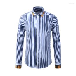 Men's Casual Shirts Men's Shirt High-end Trend Light Luxury Business Blue And White Stripes Stitching Collar Slim Fashion Long-sleeved