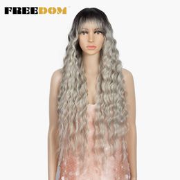 Synthetic Wig With Bangs 30 inch Long Deep Wave Synthetic Wigs For Black Women Heat Resistant Fiber Cosplay Wigs 230524
