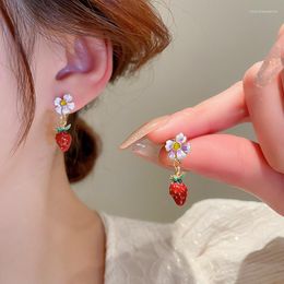 Stud Earrings Elegant Flower Strawberry For Women Girls Heart Peach Tulip Pearl Crystal Pendant Jewelry Piercing Gift