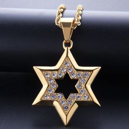 Pendant Necklaces Hip Hop Bling Iced Out Rhinestone Gold Stainless Steel Jewish Star Of David Hexagram Necklace For Men Rapper JewelryPendan