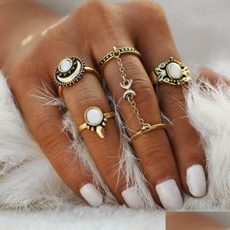 Cluster Rings Wholesale If Me Ethnic Turkish Moon Sun Finger Set Natural Opal Stone Link Chains Midi Jewellery For Women Antique Gold Dhvgi