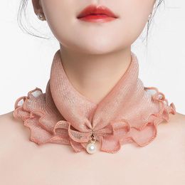 Scarves Spring And Summer Outdoor Thin Edge Set Of Head Neck Windproof Paragraph Scarf Pearl Pendant Pure Colour Knit Collar Joker