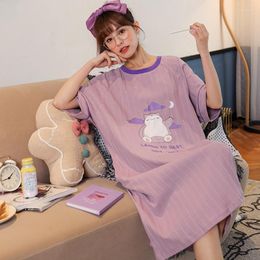 Women's Sleepwear Home Style Cotton Nightdress Knee-Length Summer Short Sleeve Nightgowns Elegant Purple Women Kawaii Cartoon Nightshirt