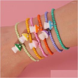 Beaded Strand 6Pcs/Set Sweet Mushroom Pendant Bracelets For Women Girls Colorf Bohemian Style Rice Beads Bracelet Fashion Jewellery Gi Dhrn2