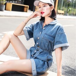 Women's Jumpsuits & Rompers Summer Denim Overalls Women Casual High Waist Short Sleeve Playsuits Loose Wide Leg Jeans Jumpsuit Bodycon Rompe