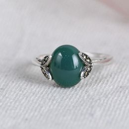 Cluster Rings FNJ Flower 925 Silver Ring For Women Jewelry Original Pure S925 Sterling Natural Green Agate MARCASITE