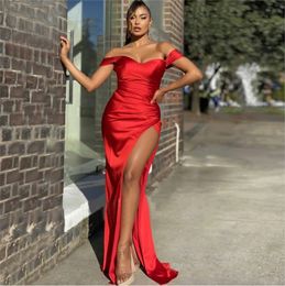 Red Sexy Mermaid Prom Dresses High Slit Off The Shoulder Pleat Satin Long Formal Dress Plus Size Women Evening Gowns Wholesale