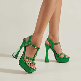 Woman Sandals Green White Platform Rivet Design Ankle Buckle Strap 2023 New Sexy Nightclub Party Square High Heels Shoes 230511
