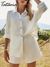 Dress Women Sets Cothes 2023 Two Piece Set Thin Cotton Linen Blouses and Shorts Women Suits Loose White Waisted Shorts Soft Girl Shirt