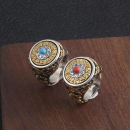 Cluster Rings Tibetan Buddha 925 Sterling Silver Jewelry Six Words' Mantra With Stones For Women And Men OM Bagua Rotatable