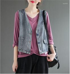 Women's Vests Autumn Women Fashion Loose Single Breasted V Neck Water Wash Jean Vest Lady Short Design Denim Waistcoat