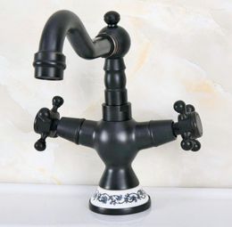 Kitchen Faucets Black Oil Rubbed Brass Double Handle Swivel Spout Basin Faucet Deck Mount Bathroom Cold And Mixer Tap Dnf645