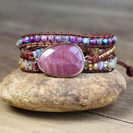 Charm Bracelets Leather Wrap Bracelet Exclusive 3 Strands Natural Stone Multi Colour Bohemian Pearls Crystal Weave GiftsCharm