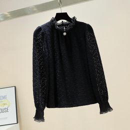 Women's Blouses & Shirts Velvet Padded Women Autumn Winter Warm Womens Tops And Ruffled Collar Black Lace Blusas Mujer