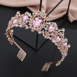Jewelry Gorgeous Pink Crystal Crown Royal Queen Tiaras Headbands for Girls Prom Bridal Crowns Bride Diadem Wedding Hair Jewelry
