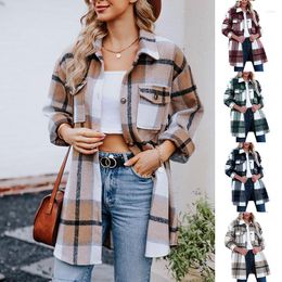 Women's Trench Coats 2023 Autumn And Winter Woolen Plaid Shirt Loose Casual Long Jacket Female Street Hipster Style Version