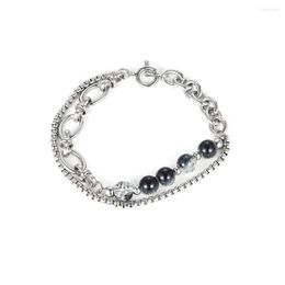 Charm Bracelets Stainless Steel Silver Colour Round Black Bead Chain Bracelet Fashion Trend Splicing Jewellery Girl Gift For Ladies