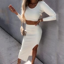 Suits Women Casual Long Sleeve Skirt Outfits Fashion Oneck Pullover Blouse and Split Skirt Sets Elegant Ribbed Knitted Solid 2Pc Suit