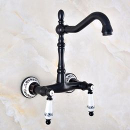 Kitchen Faucets Basin Faucet Black Oil Rubbed Brass Dual Handle Double Hole Wall Mount Bathroom Cold And Mixer Tap Dnf831