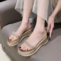 Slippers Women Crystal Slides Transparent Word Tape Casual Wedges High Heels Shoes Shine Bling Summer