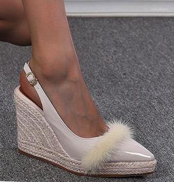 Dress Shoes LIHUAMAO Patent Leather Wedges Espadrilles Pointed Toe Slip On Pumps High Heel Wedding Office Lady