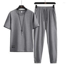 Men's Tracksuits Men's Short Sleeved T-shirt Loose 2023 Summer Thin Linen Set Korean Fashion Ice Silk Sports