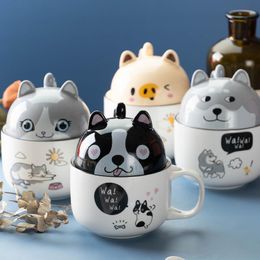 Mugs Large Capacity Water Cup Ceramic Coffee Mug Creativity Spoon With Lid Cute Animals Couple Office Gift Snack Tableware Drinkware