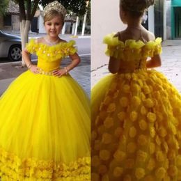 Girl Dresses Ball Gown Yellow Tulle Floral Flower Dress Sheer Neck Lace Up Back Girls Pageant Christmas Party Birthday