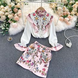 Work Dresses Vintage Baroque Print 2 Pcs Women Set Stand Collar Flare Long Sleeve Shirt High Waist Mini Short Skirt Autumn 2023 Suit