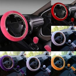 Steering Wheel Covers 38cm Soft Plush Car Cover Interior Styling 3pcs Set Gear Shift Knob Hand Brake Non-Slip Protective Case