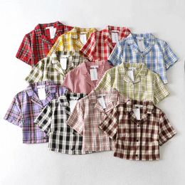 Women's Blouses Spring Fashion Retro Plaid Colour Matching Girl Style Suit Collar Short Sleeve Shirt Small Tall Waist Top