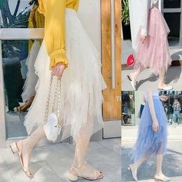 Skirts Summer Women Solid Tulle Layer Swing Skirt Mesh Mid Length High Waist Ruffle Elastic Long