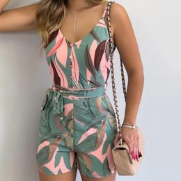 Women's Jumpsuits & Rompers Jumpsuit Women Summer 2023 Sleeveless Backless Bohemian Beach Casual Lace Up Floral Print Short Sexy Bodysuit