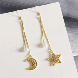 Asymmetric Pendant Moon Star Drop Earrings for Women Fashion Pearl Crystal Tassel Long Dangle Earrings Party Jewellery Girls Gift