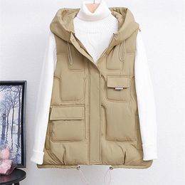 Vests 2022 Women Autumn Winter Hooded Cotton Padded Waistcoat Warm Loose Tank Tops Students Short Vest Jackets Sleeveless Coats JH667