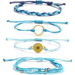 Charm Bracelets Fashion 4PCS Set Braided Sun Flower Pattern Hand-woven Rope Bohemian Surfer Bracelet For Unisex Teens Gifts
