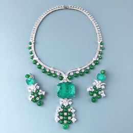 Designer Collection Party Choker Necklace Stud Earrings Women Lady Tassels Inlay Zircon Diamond Synthetic Paraiba Big Pendant Green Beads Chain Jewellery Sets