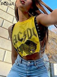 T-Shirt FQLWL Summer Streetwear Loose Graphic T Shirts O Neck Sleeveless Chain Print Tees Crop Tops Women 2022 Club Yellow Tank Tops