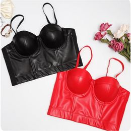 T-Shirt 2023 New Sexy Red PU Leather Bras Push Up Bustier Ladies Night Club Party Tank Tops For Women Fashion Punk Underwear Y877