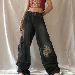 Women's Jeans IAMTY Street Punk Style Asymmetric Printing Double-Button Female Retro Drag Sister Spice Girl Loose Straight Mop Pants