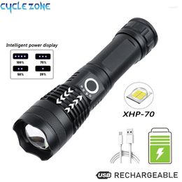 Flashlights Torches Zoom Rechargeable Lamp Powerful With USB Charging XHP70 Bright Beads 5 Modes 18650 Battery For Camping