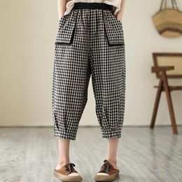 Women's Pants Women Black Plaid Wide Leg Casual Loose Baggy Trousers Spring Summer Cotton And Linen Calf-Length Cropped Bottoms