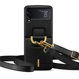 Luxury Crossbody Ring Holder Vogue Phone Case for Samsung Galaxy Folding Z Flip3 Flip4 5G Adjustable Lanyard Vintage Solid Leather Bracket Fold Shell Shockproof