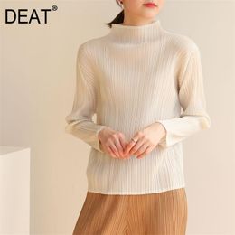 T-Shirt DEAT Pleated T Shirt Woman Stand Collar Solid Loose Wild Full Sleeve Pullover Top Causal Style Over Size 2023 New Summer XQ382