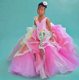 2023 Pink Beaded Flower Girl Dresses Ball Gown Tulle Tiers Tutu Lilttle Kids Birthday Pageant Weddding Gowns ZJ5164