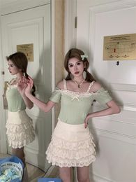 Work Dresses Cute 2 Piece Sets Women Bow Lace Trim Tops Tee Multilayer Skirt Lolita Set For Sweet Girl Kawaii Clothes