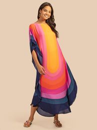 Dresses Moroccan Kaftan Boho Rainbow Print Sexy Batwing Sleeve Long Dresses 2023 Summer Women Clothing Beachwear Casual Maxi Dress Q1435