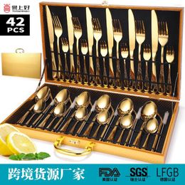 Dinnerware Sets Stainless Steel Tableware 42-piece Wooden Box Set 1010 Cutlery Straw Explosion Products YSH-10-42WOOL